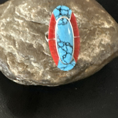 Blue Turquoise Coral Navajo Sterling Silver Ring Size 7.5 18765