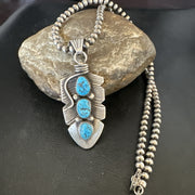 Men's Feather Kingman Turquoise Pendant Navajo Necklace | Sterling Silver | Authentic Native American Handmade | 17783