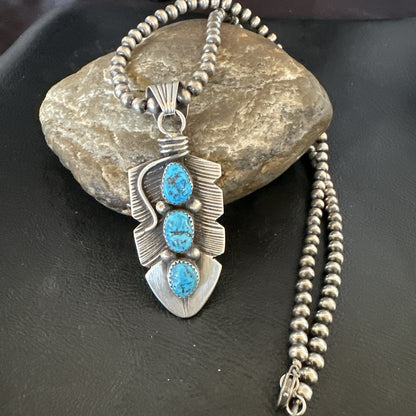 Mens Feather Kingman Turquoise Pendant Navajo Sterling Silver Necklace 17783