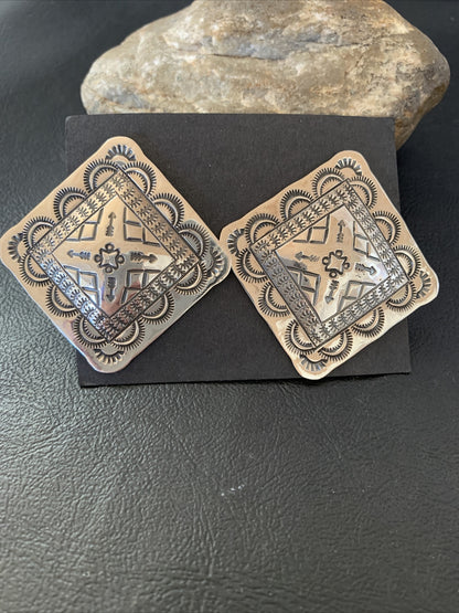 Native American Womens Navajo Sterling Silver Stamped Handmade Earrings
