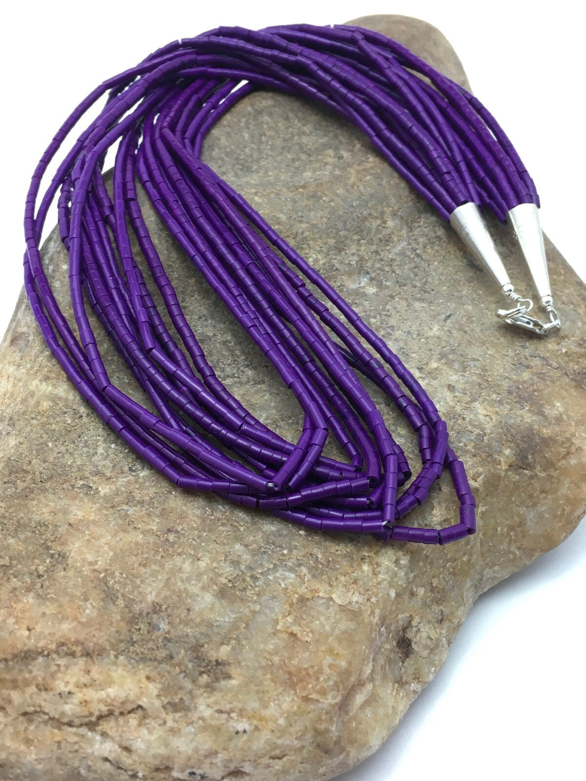 Navajo Stabilized Purple Stone 10S Sterling Silver Tube Heishi Necklace 19” 4195