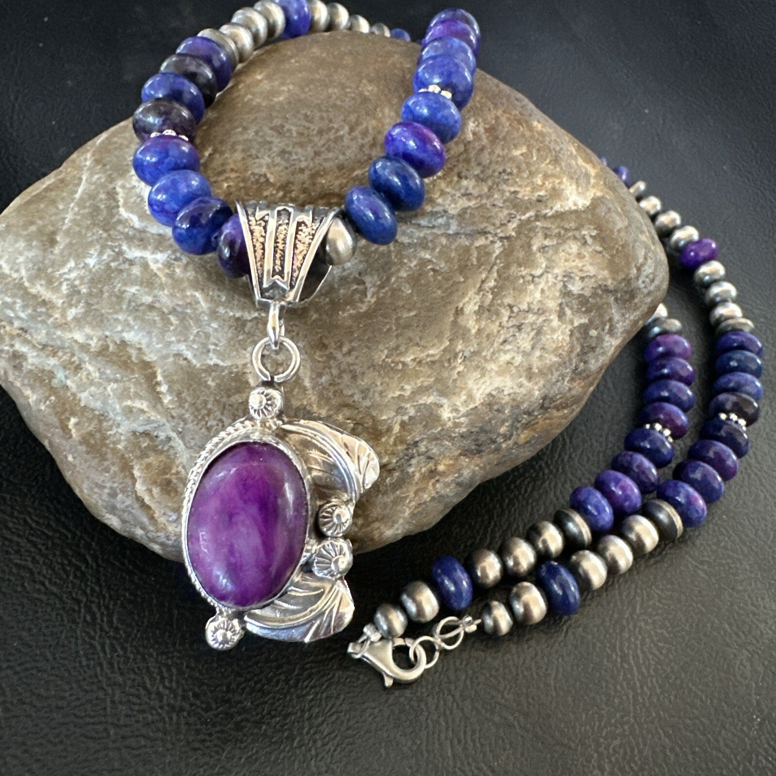 Purple Stone Pendant Navajo Pearls Sterling Silver Necklace 21” 18032