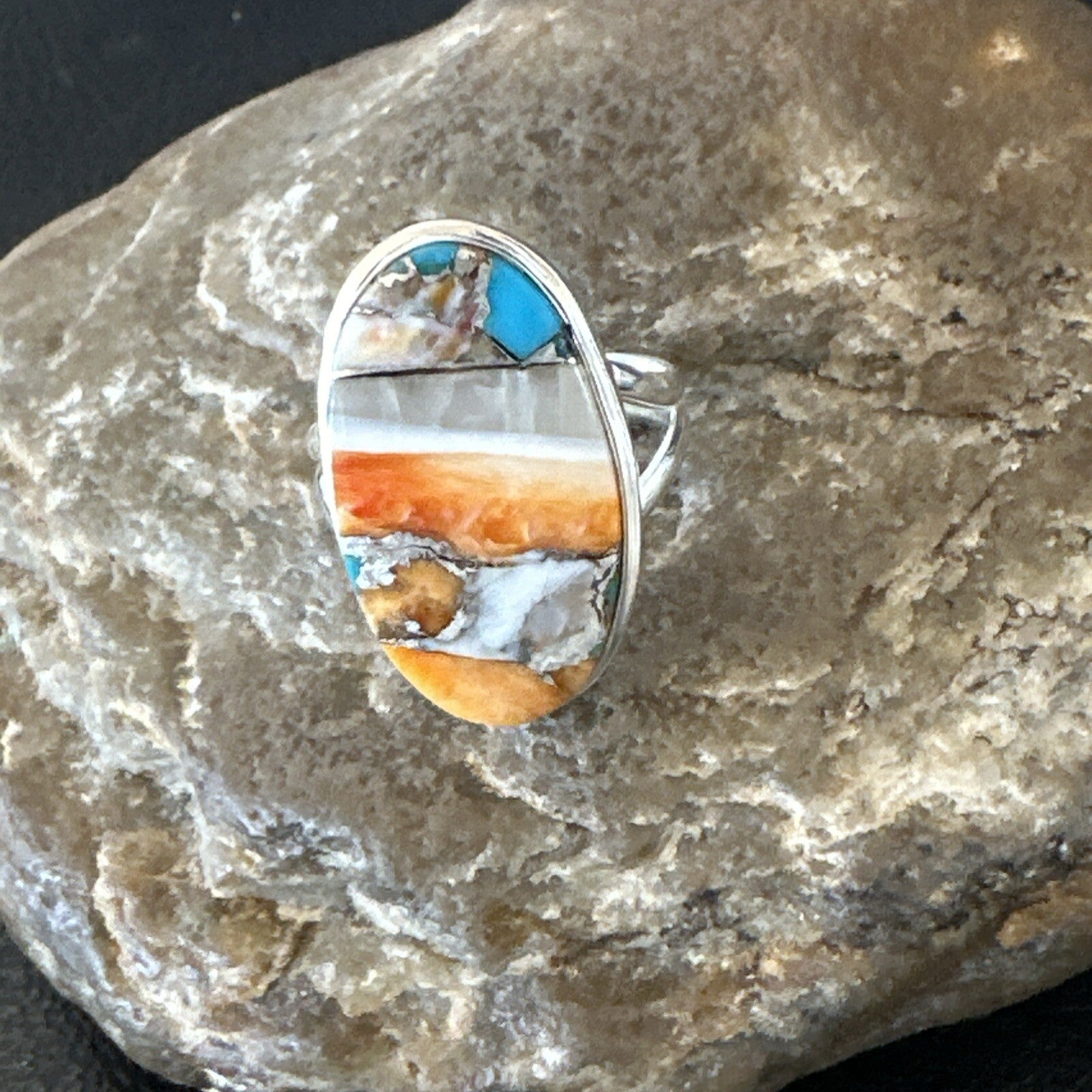 Blue Turquoise Spiny Oyster Navajo Sterling Silver Ring Size 8 18251