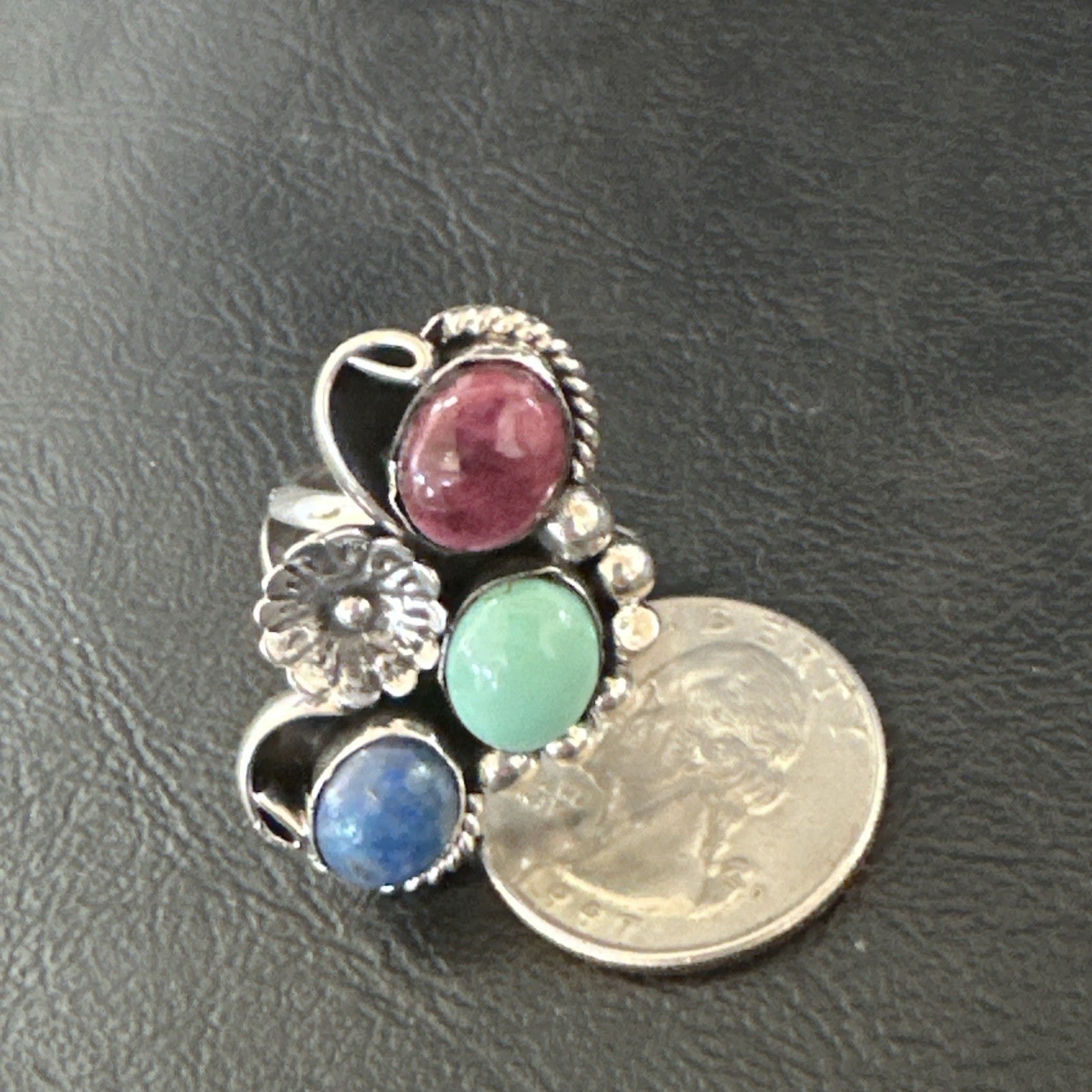 Multicolor Ring Turquoise Spiny Navajo Sterling Silver Cluster Size 8.5 19168