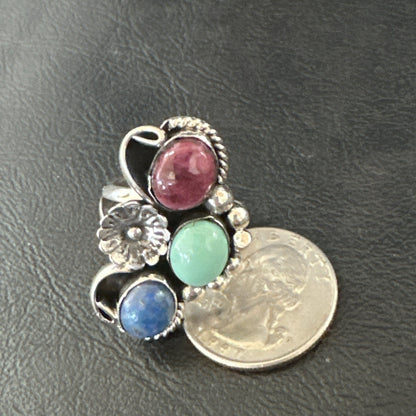 Multicolor Ring Turquoise Spiny Navajo Sterling Silver Cluster Size 8.5 19168