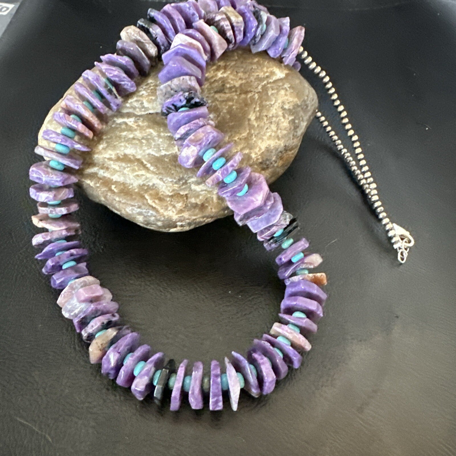Popular Purple Charoite Blue Turquoise Navajo Sterling Silver Necklace 23” 18053
