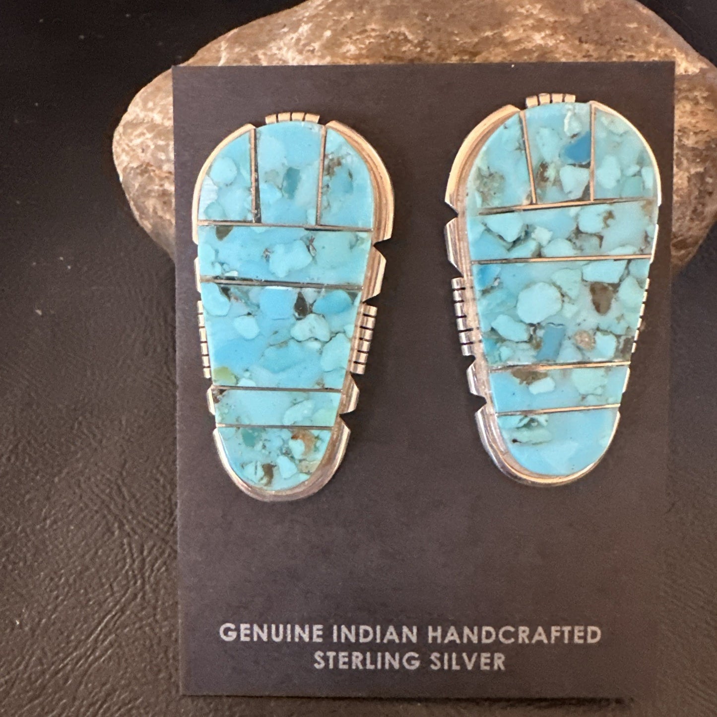 New Inlay Blue Kingman Turquoise Sterling Silver Earrings 1.5” 19097