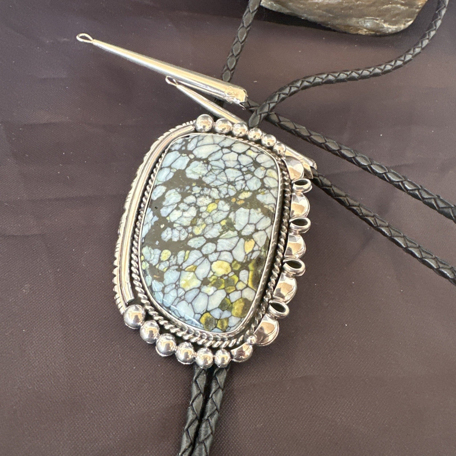 Mens BOLO TIE WHITE BUFFALO TURQUOISE Sterling Silver Navajo 2.7”19595