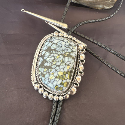 Mens BOLO TIE WHITE BUFFALO TURQUOISE Sterling Silver Navajo 2.7”19595