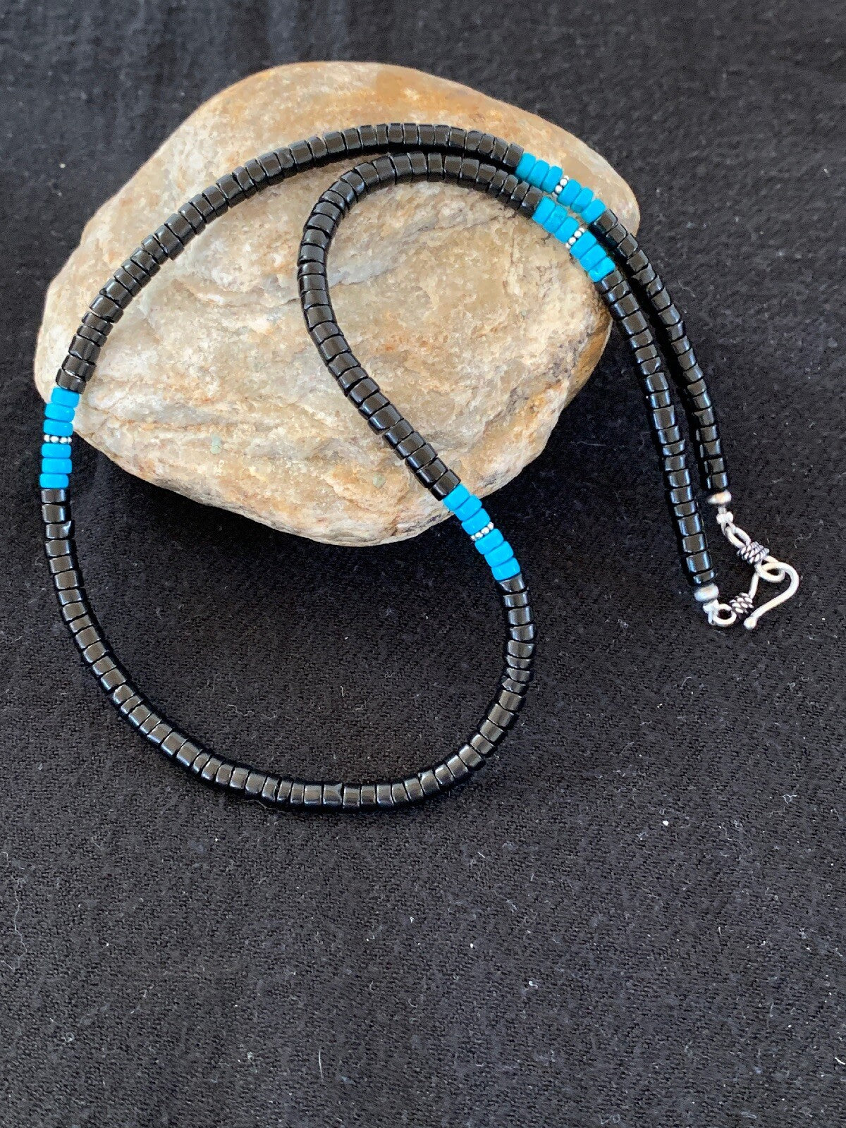 Native Mens Blue Turquoise Heishi Onyx Necklace Navajo Sterling Silver 8823