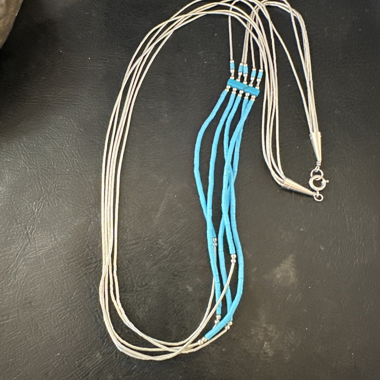 Blue Turquoise 5 Strand Heishi Liquid Sterling Silver Necklace 17854