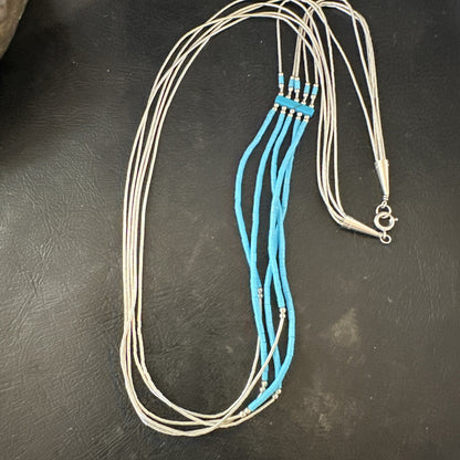 Blue Turquoise 5 Strand Heishi Liquid Sterling Silver Necklace 17854