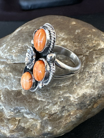 Orange Spiny Oyster Cluster Navajo Sterling Silver Ring Size 9.5 19184
