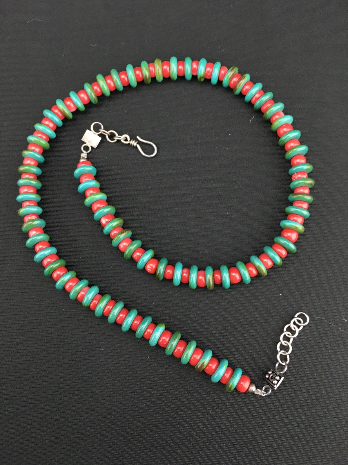 Native Mens Turquoise & Coral Bead Navajo Sterling Silver Necklace 22" 3712