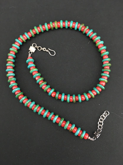 Native Mens Turquoise & Coral Bead Navajo Sterling Silver Necklace 22" 3712