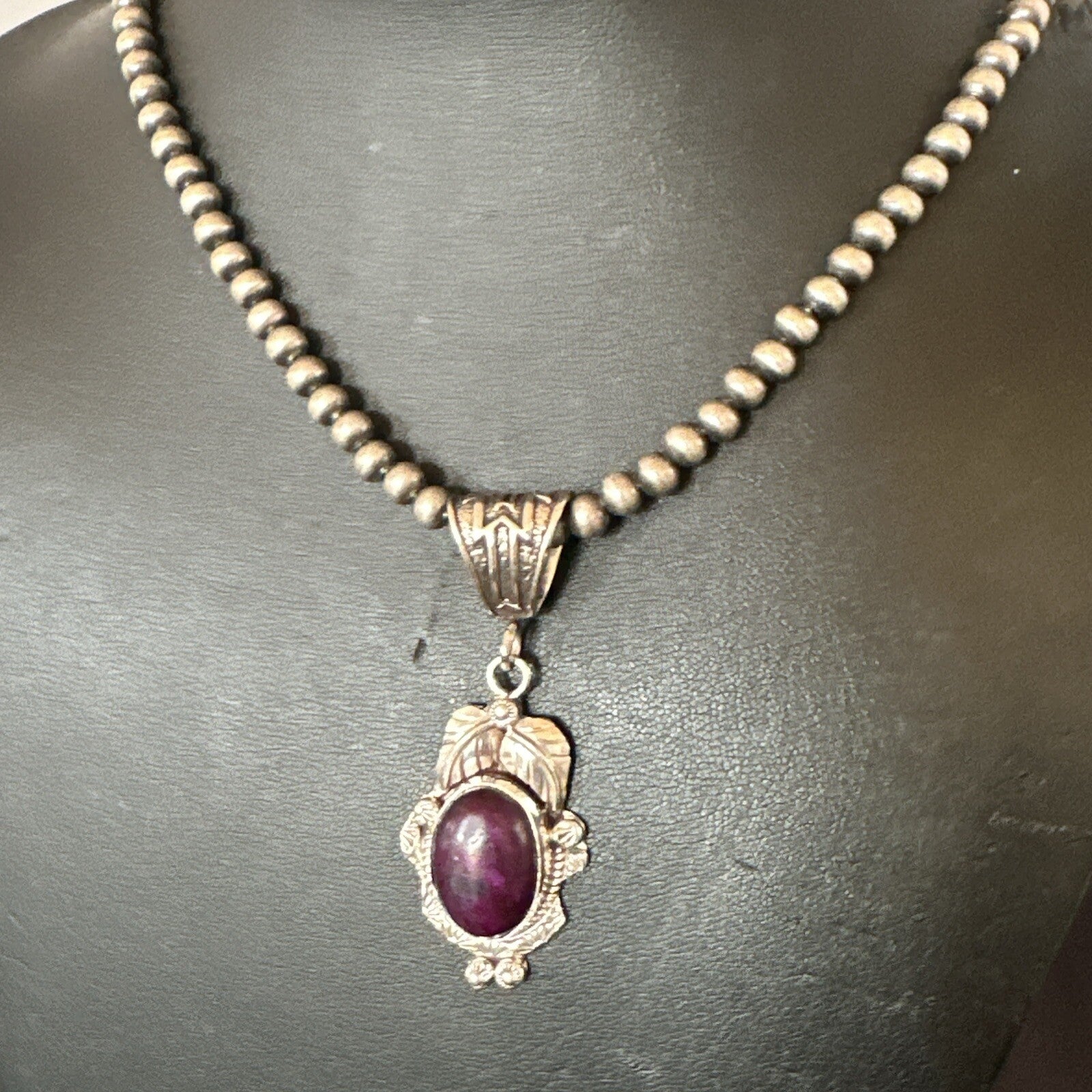 Purple Stone Pendant Navajo Pearls Sterling Silver Necklace 20” 18047