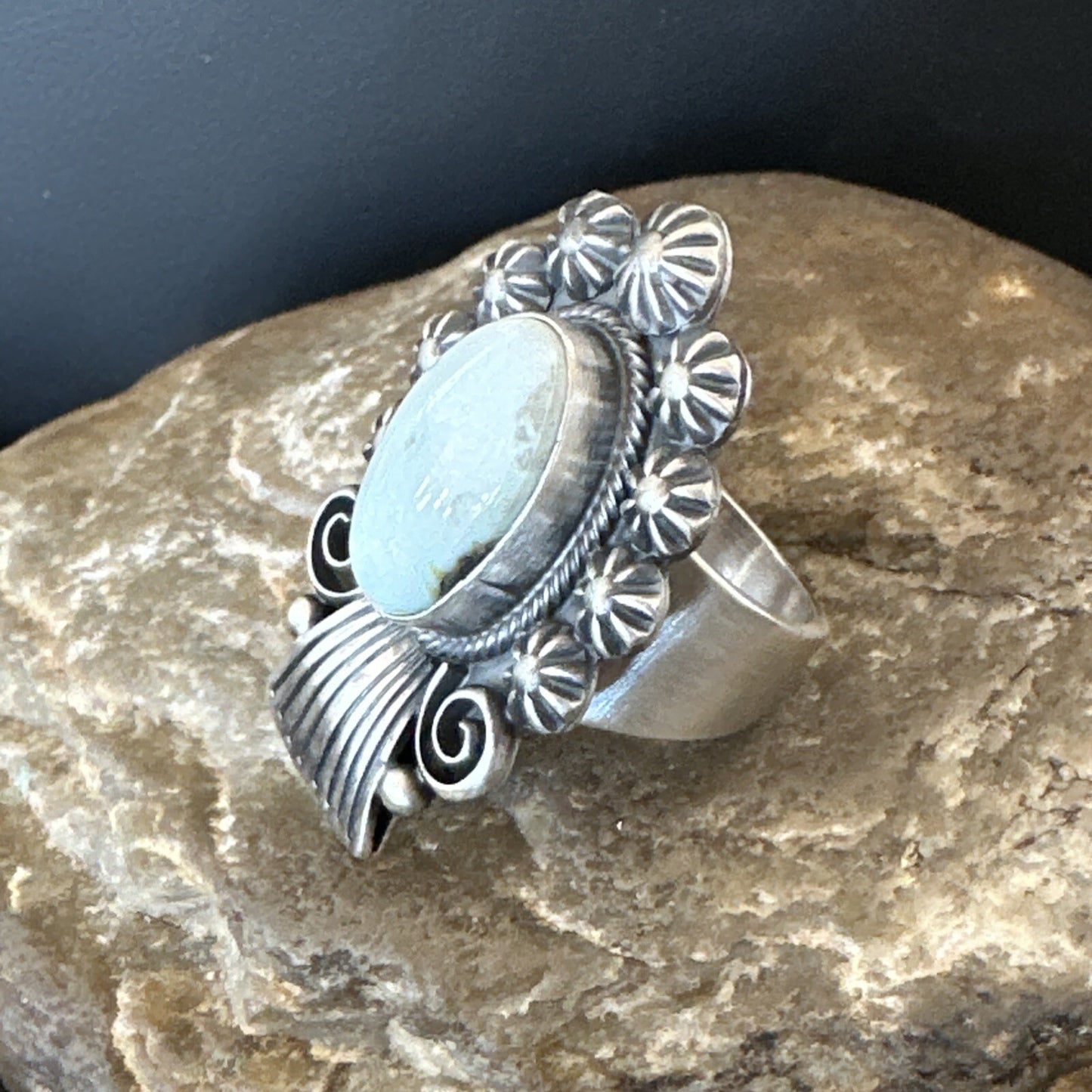 Women Blue Dry Creek Turquoise Navajo Sterling Silver Ring Sz 8.5 18615