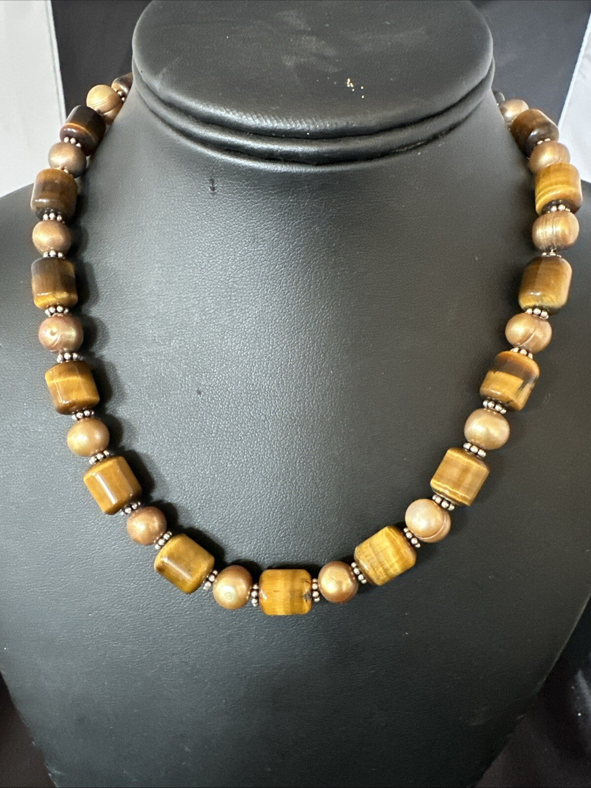 Coffee Tigers Eye Culture Pearl Sterling Silver Necklace Wrap Bracelet 17” 18737