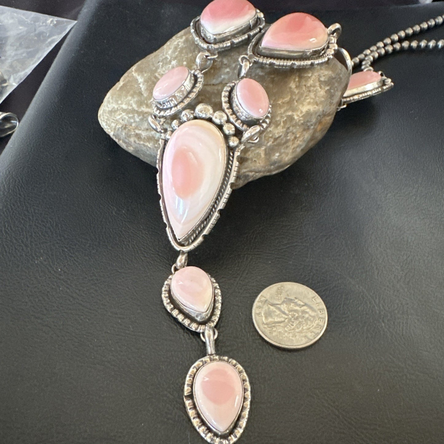 Pink Queen Conch Lariat Necklace Navajo Sterling Silver Pendant 28" 19334