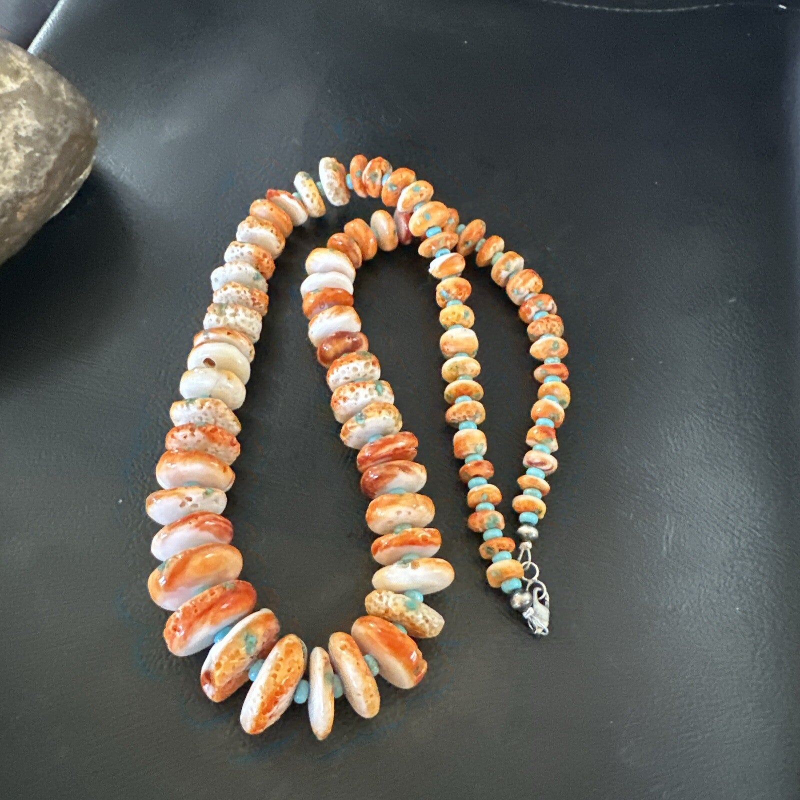 Orange Spiny Oyster Blue Turquoise Navajo Sterling Silver Necklace 23" 18087
