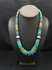 Blue Green Turquoise Navajo Beads Necklace | Sterling Silver | Authentic Native American Handmade | 02607