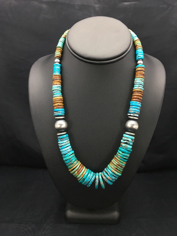 Blue Green Turquoise Navajo Beads Necklace | Sterling Silver | Authentic Native American Handmade | 02607