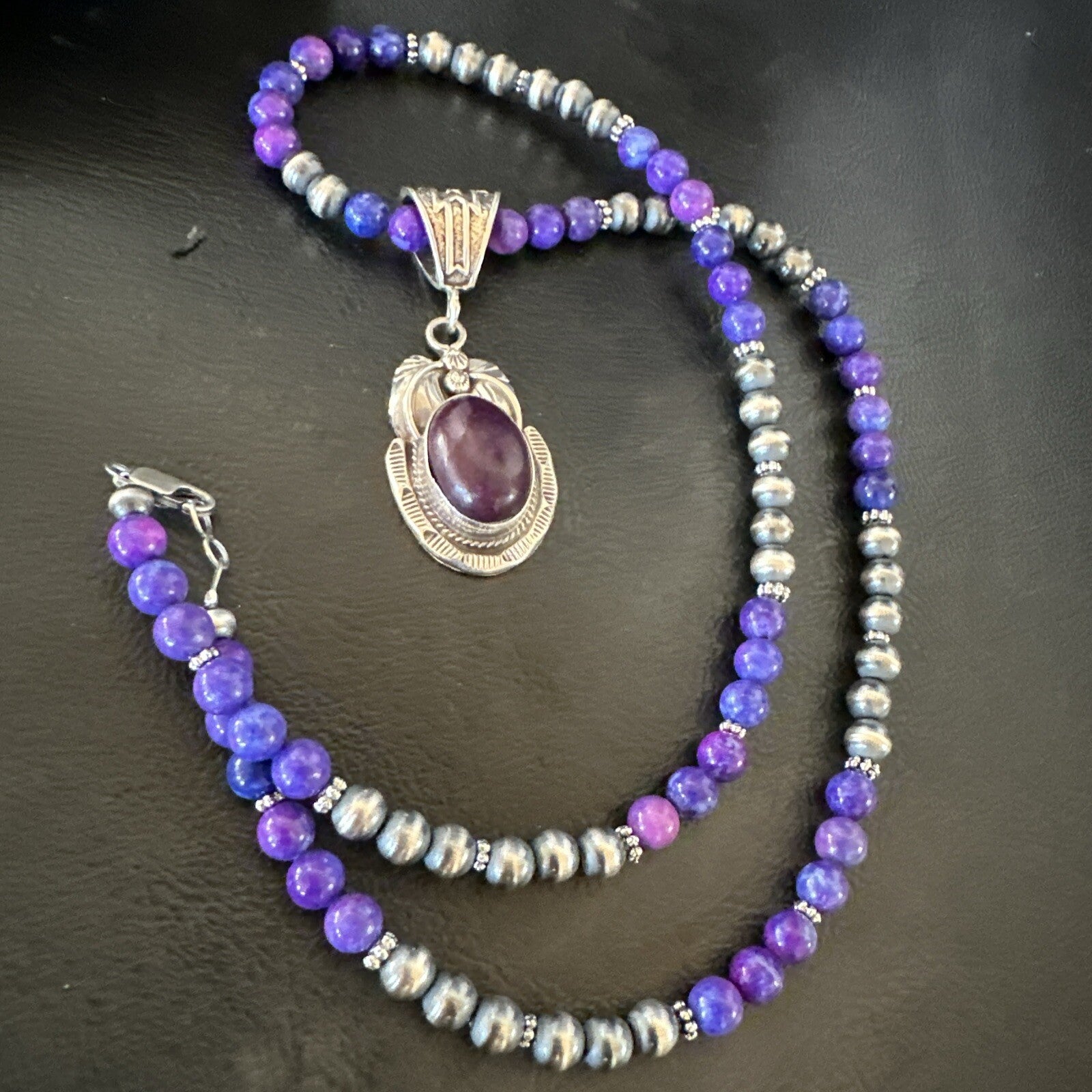 Purple Stone Pendant Navajo Pearls Sterling Silver Necklace 18386