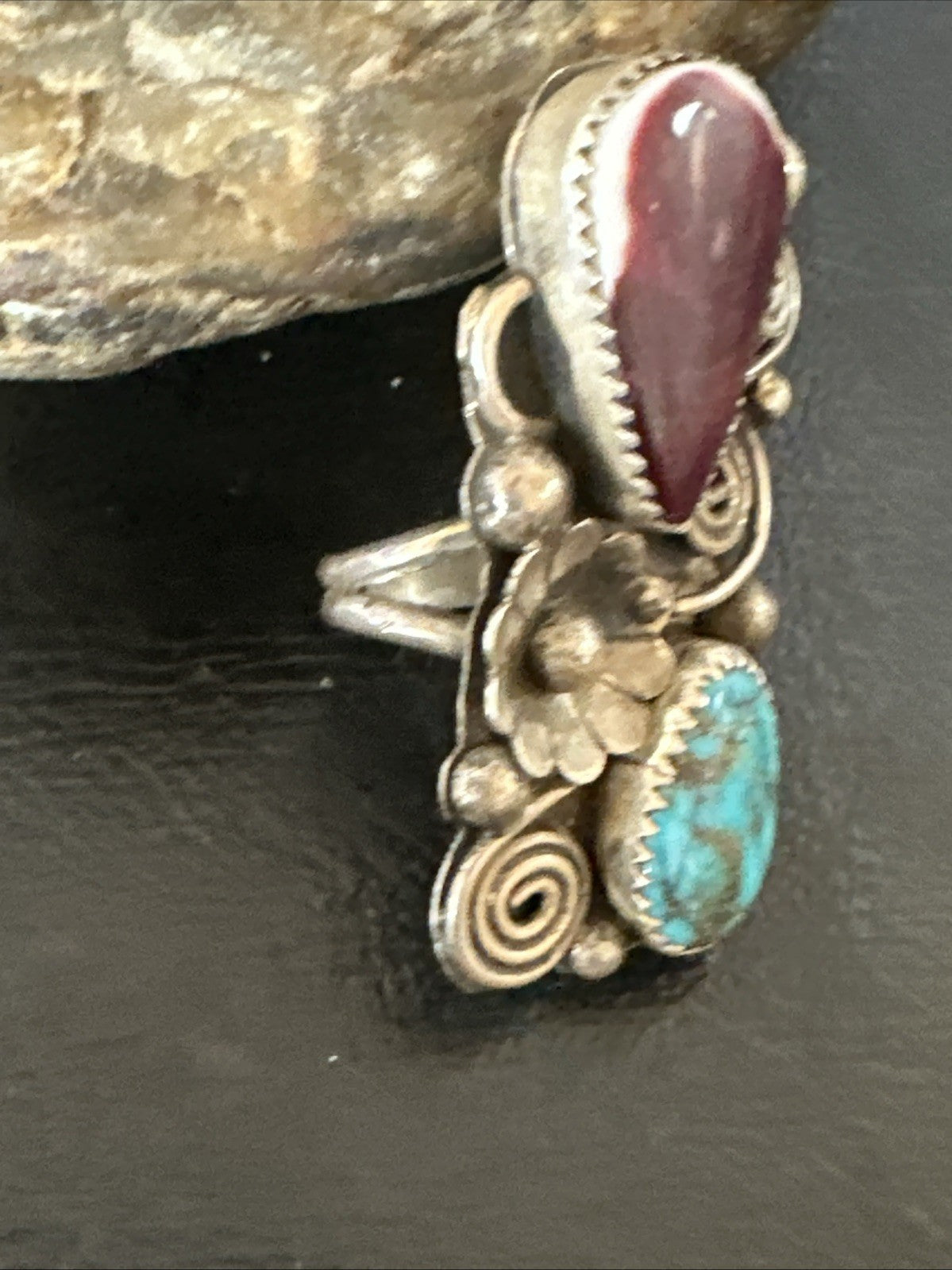 Cluster Kingman Turquoise Purple Spiny Navajo Sterling Silver Ring Sz 5.5 19105