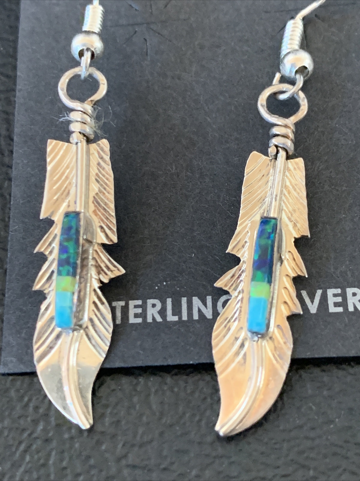 Blue Turquoise Sterling Silver Navajo Handmade Inlay Feather Earrings 13086