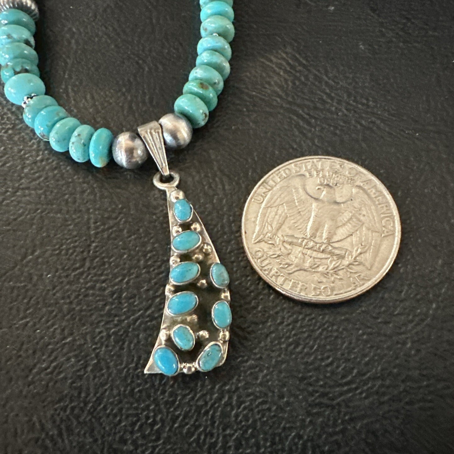 Mens Blue Turquoise Cluster Pendant Navajo Pearls Sterling Silver Necklace 17895