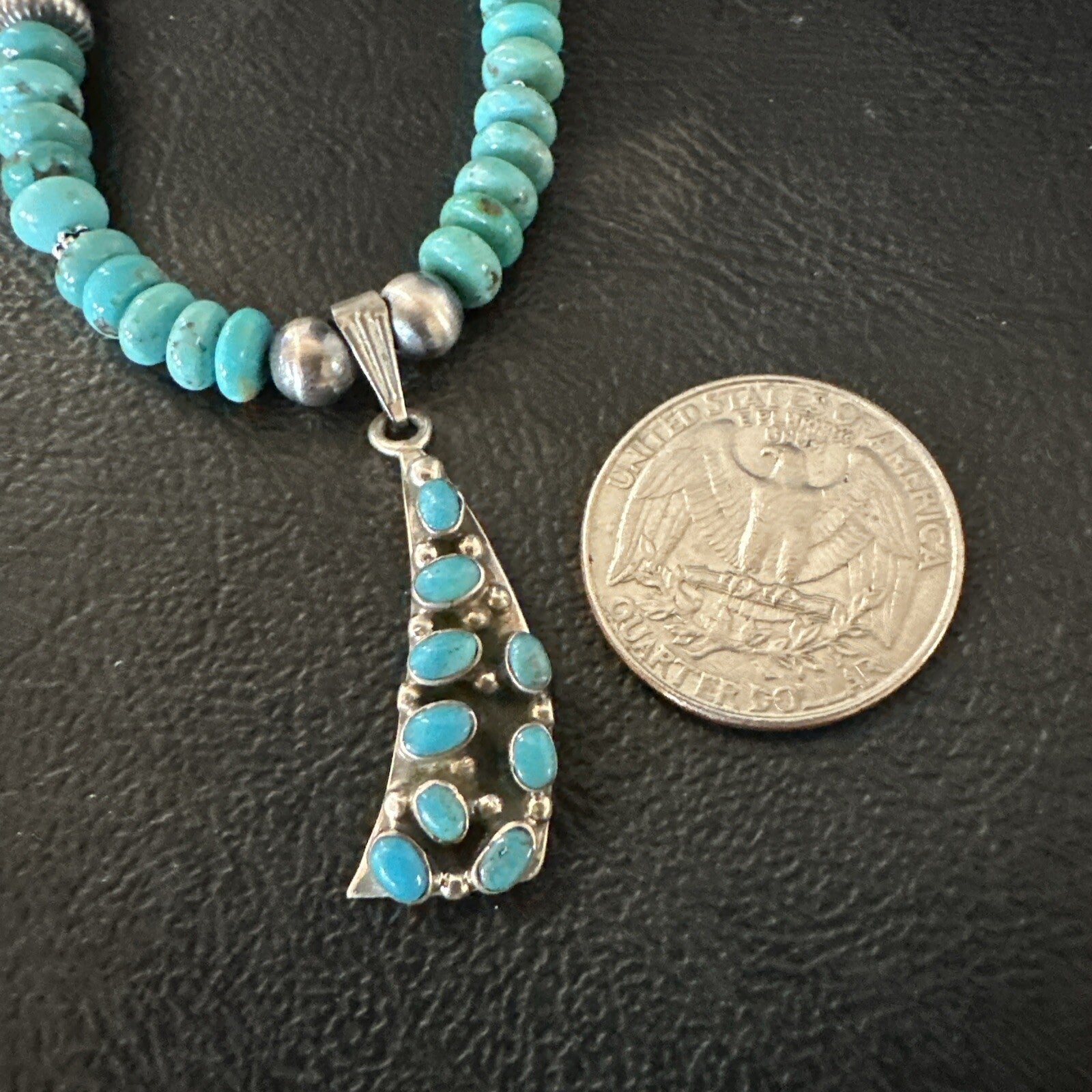 Mens Blue Turquoise Cluster Pendant Navajo Pearls Sterling Silver Necklace 17895
