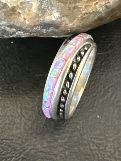 Pink Opal Navajo Sterling Silver Band Inlay Ring Size 9 18784