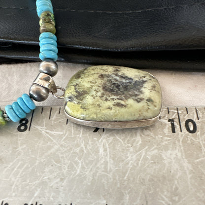 Green Gaspeite Pendant Blue Turquoise Navajo Sterling Silver Necklace 20" 19672