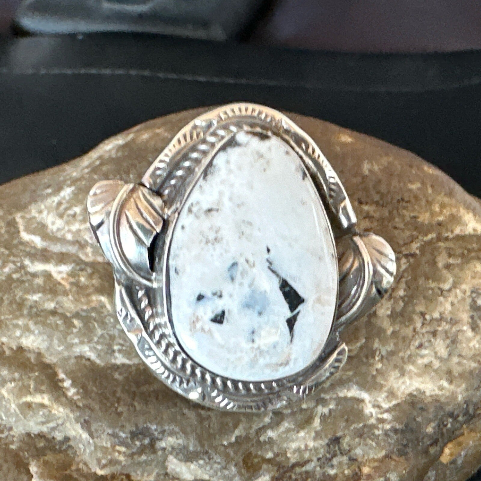 Mens Womens White Buffalo Turquoise Navajo Sterling Silver Ring Size 10 18104