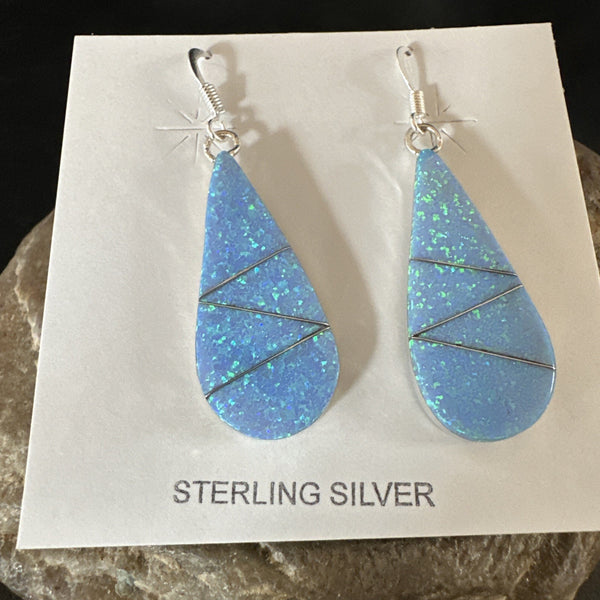 Blue Faux Opal Dangle Inlay Navajo Earrings | Sterling Silver | Authentic Native American Handmade | 19263