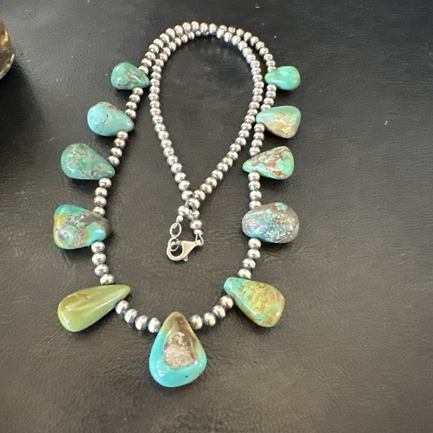 Navajo Pearls Silver Green Teardrop Turquoise Necklace 19015