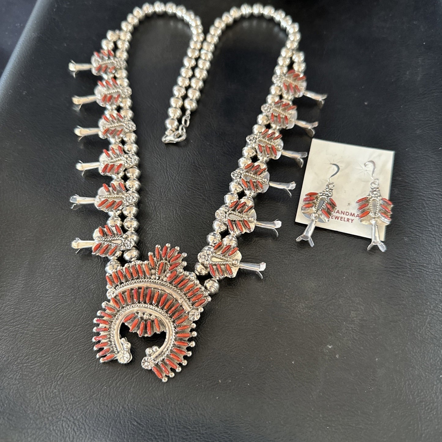 ZUNI Coral Sterling Silver Squash Blossom Needlepoint Necklace Earrings 19277