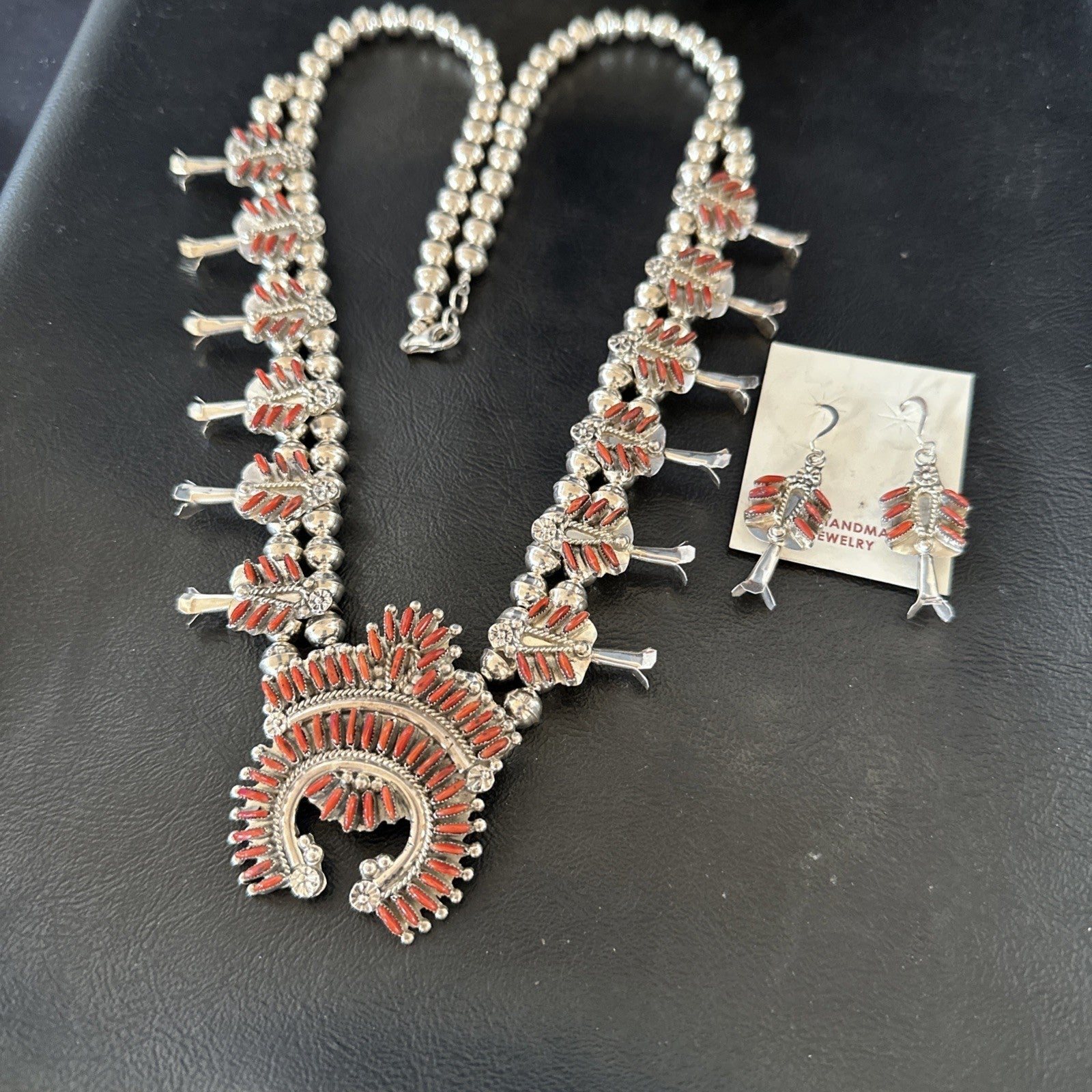 ZUNI Coral Sterling Silver Squash Blossom Needlepoint Necklace Earrings 19277
