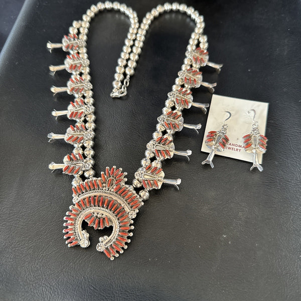 ZUNI Coral Squash Blossom Needlepoint Necklace Earrings | Sterling Silver | Authentic Native American Handmade | 19277