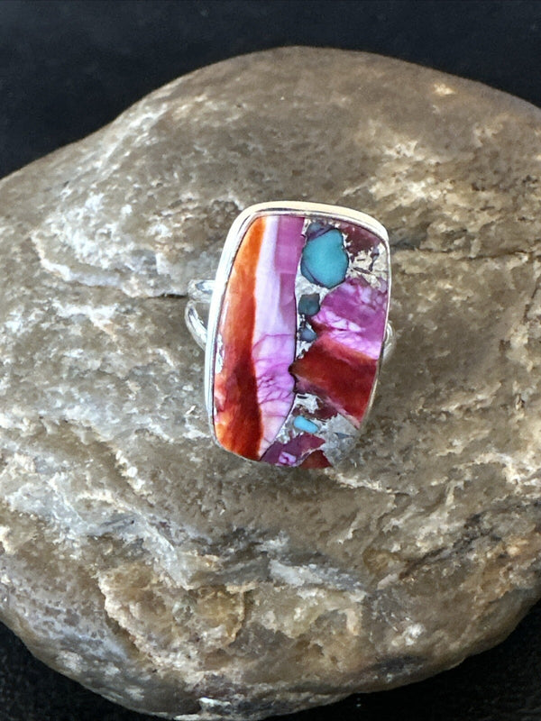 Blue Turquoise Spiny Oyster Southwestern Ring Size 8 | Sterling Silver | Authentic Native American Handmade | 18487
