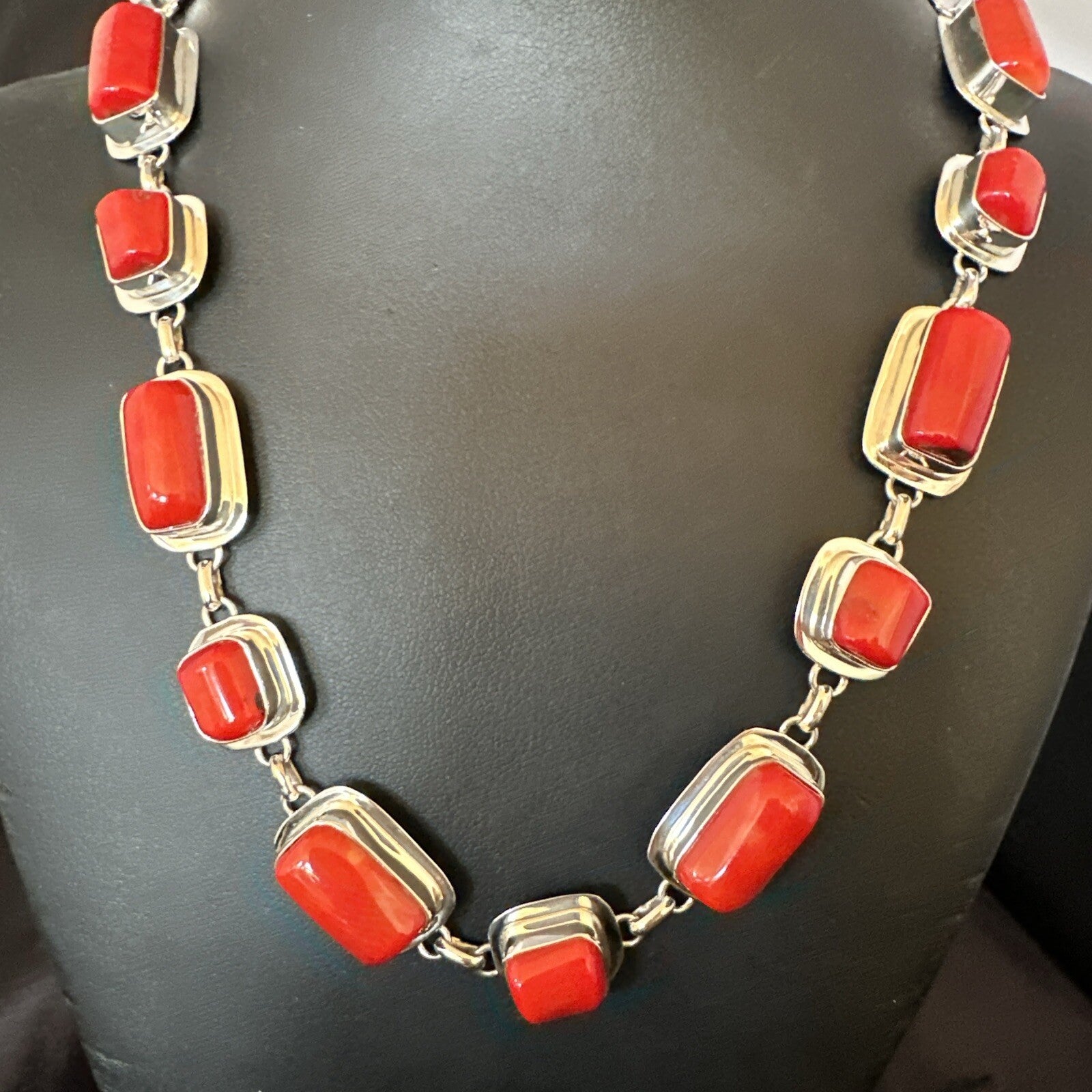 Handmade Women Red Coral Choker Necklace Pendant Sterling Silver 20” 18411
