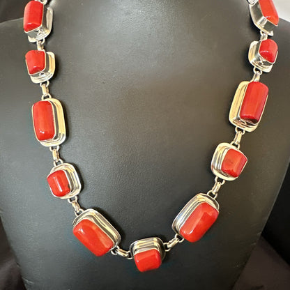 Handmade Women Red Coral Choker Necklace Pendant Sterling Silver 20” 18411
