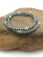 Blue Turquoise Bracelet Navajo Beads | Sterling Silver | Authentic Native American Handmade | 378