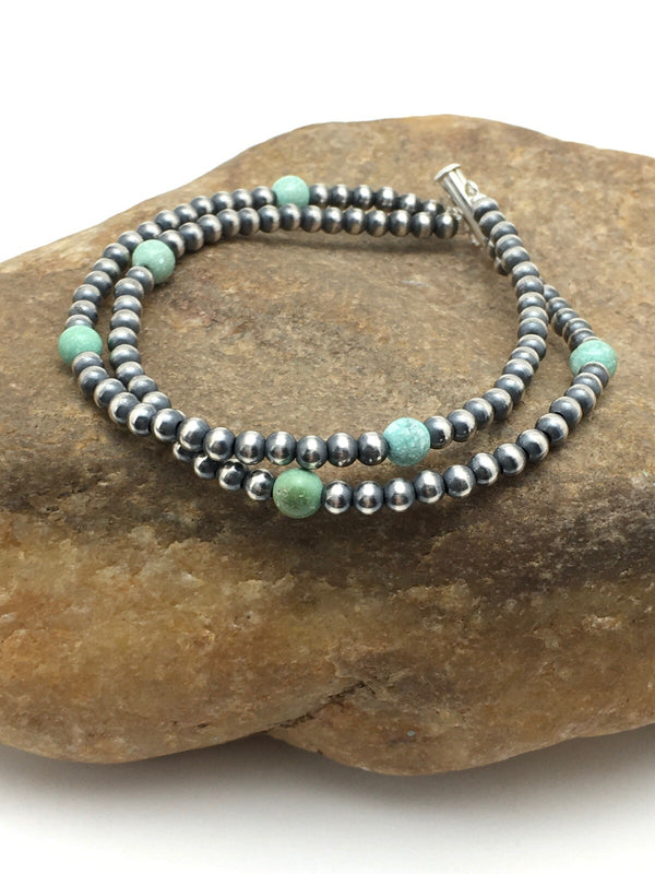Blue Turquoise Bracelet Navajo Beads | Sterling Silver | Authentic Native American Handmade | 378
