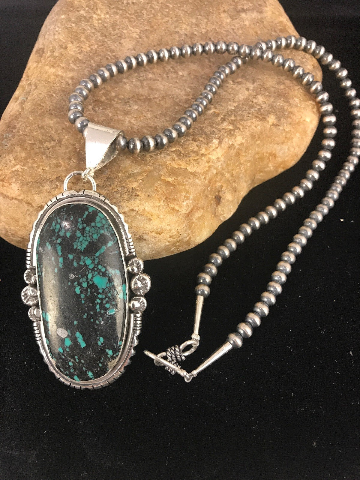 Green SpiderWeb Turquoise Pendant Navajo Pearls Sterling Silver Necklace 1329
