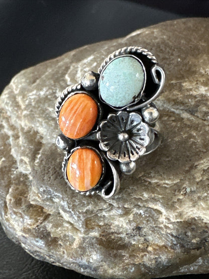 Multicolor Ring Turquoise Spiny Navajo Sterling Silver Cluster Size 8.5 19188