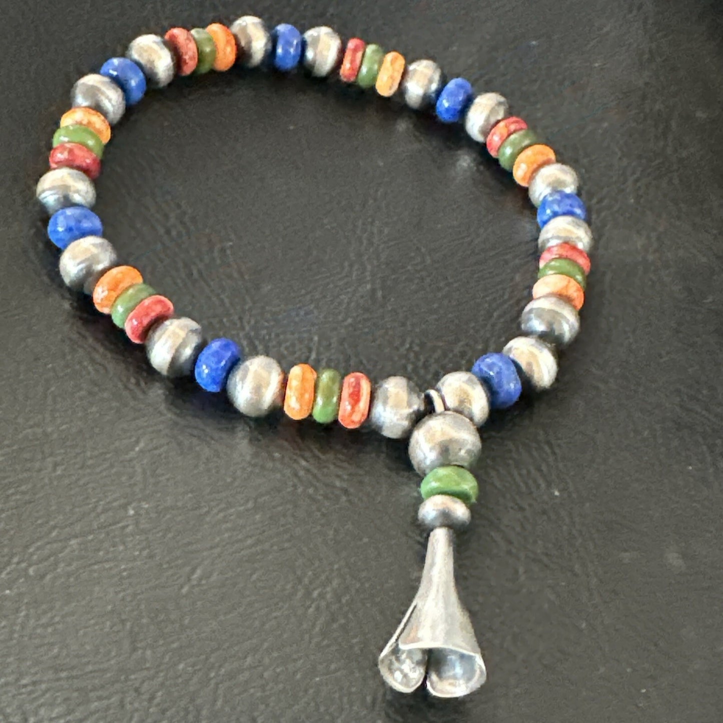 Multicolor Lapis Turquoise Stretch Bead Bracelet Navajo Sterling Silver 17908