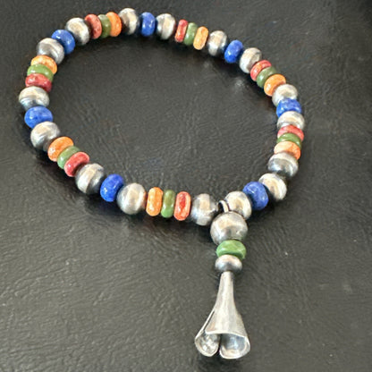 Multicolor Lapis Turquoise Stretch Bead Bracelet Navajo Sterling Silver 17908