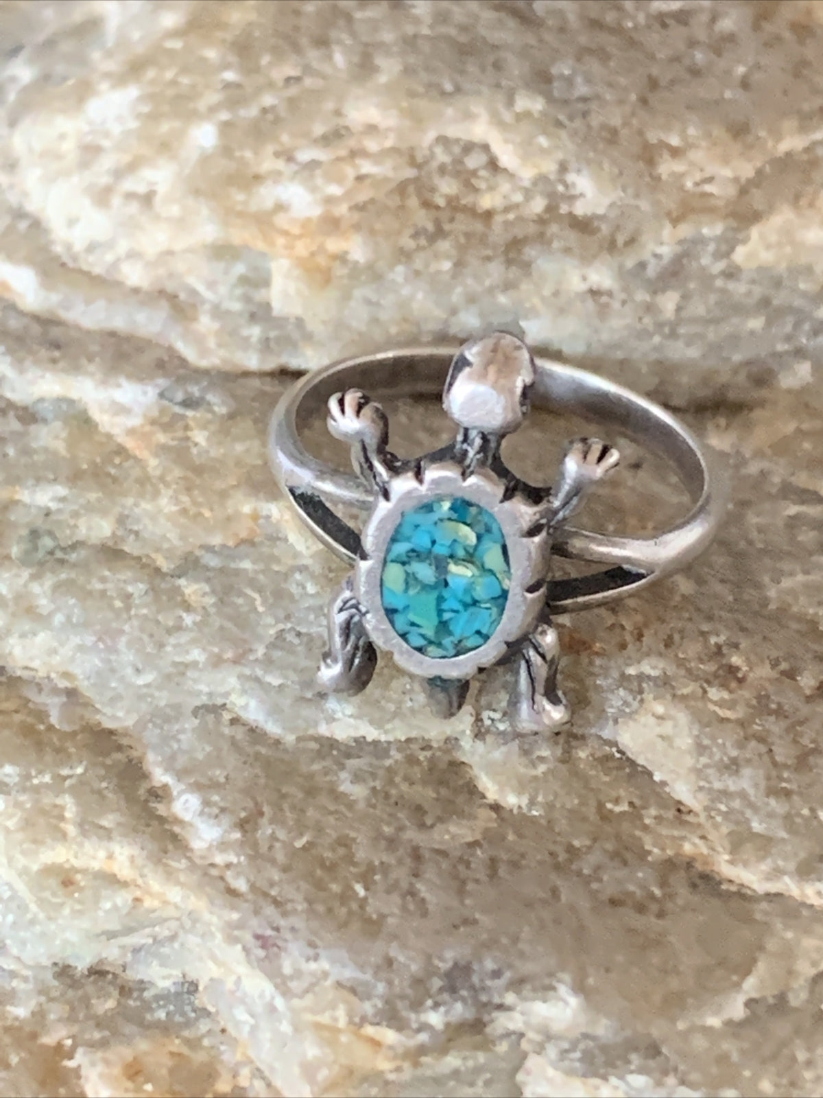 Blue Turquoise Navajo Sterling Silver Old Pawn Turtle Ring Size 4.5 10787