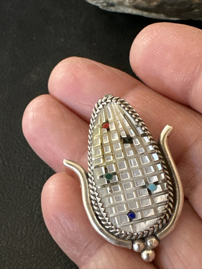 CORN INLAY Turquoise White MOP Spiny Zuni Sterling Silver Pin Pendant 17849
